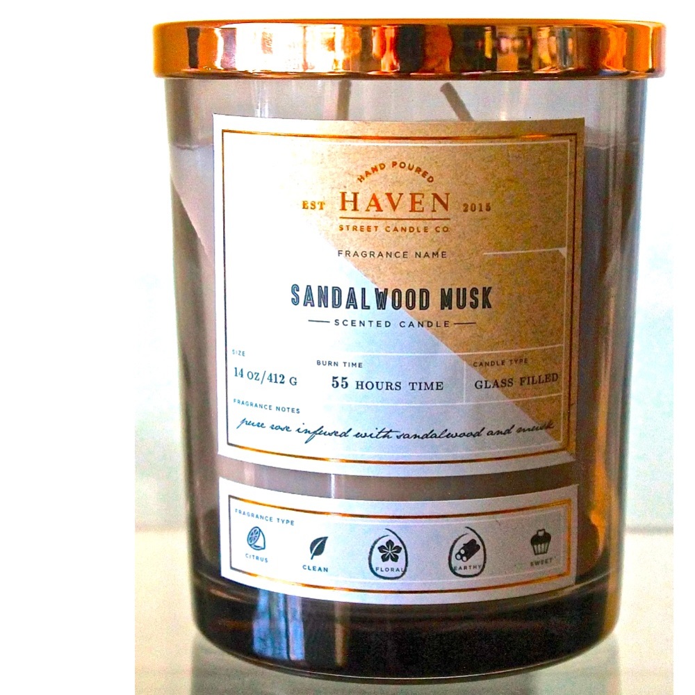 HAVEN STREET CANDLE SANDALWOOD MUSK RICHLY SCENTED NEW 2 WICK 14 oz